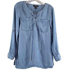 Style & Co. Chambray Pullover Lace Up Roll Tab Sleeve Blouse Sz. Petite Small